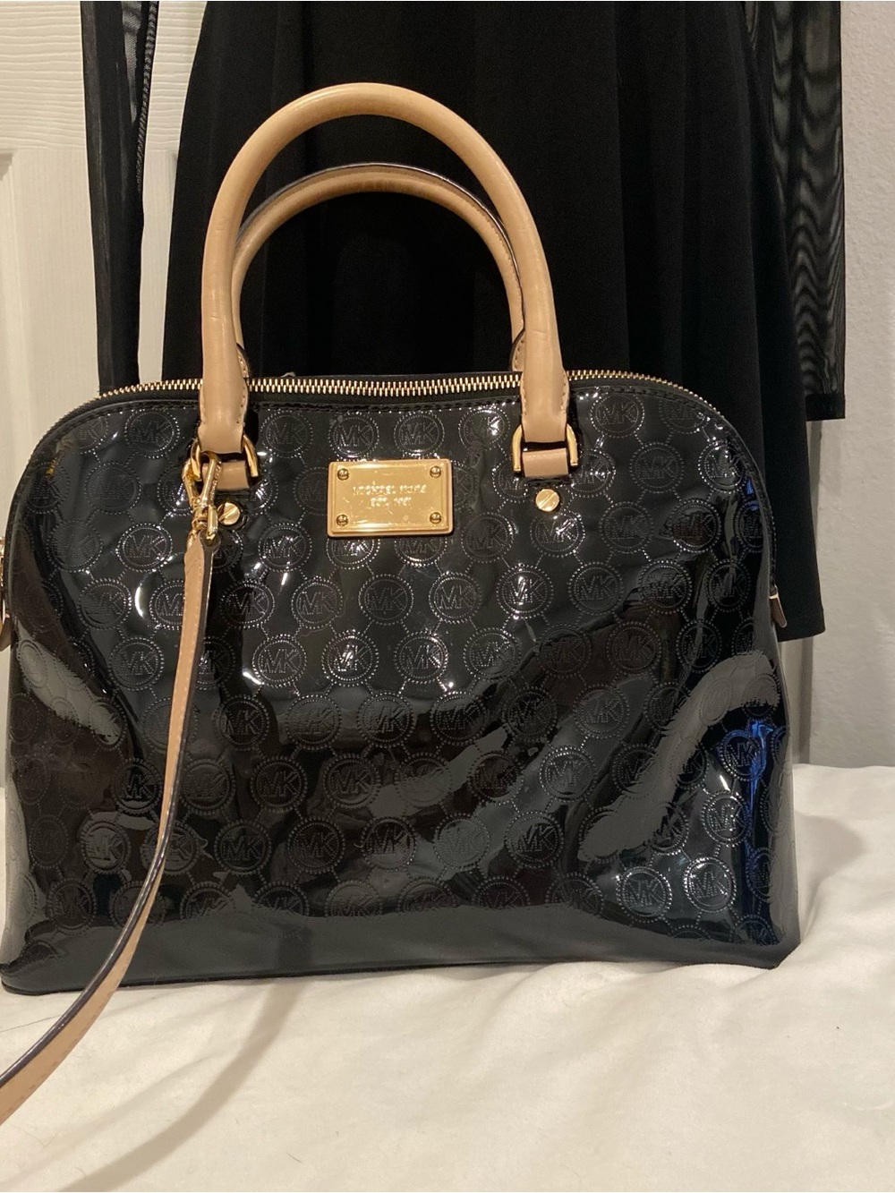 Michael Kors Black Patent Satchel with Beige Handles